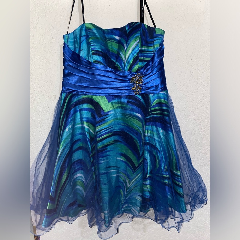 Strapless Blue Green Formal Prom Dress - Knee Length